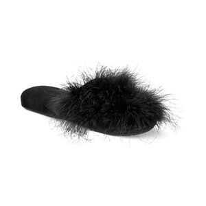 INC International Concepts Womens Size 5/6 Wedge Faux-Marabou Slippers Black